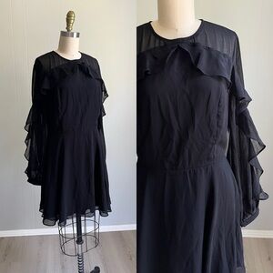 Lulu's NWT Longtime Love Black Long‎ Sleeve Skater Dress Large Sheer Ruffle Goth